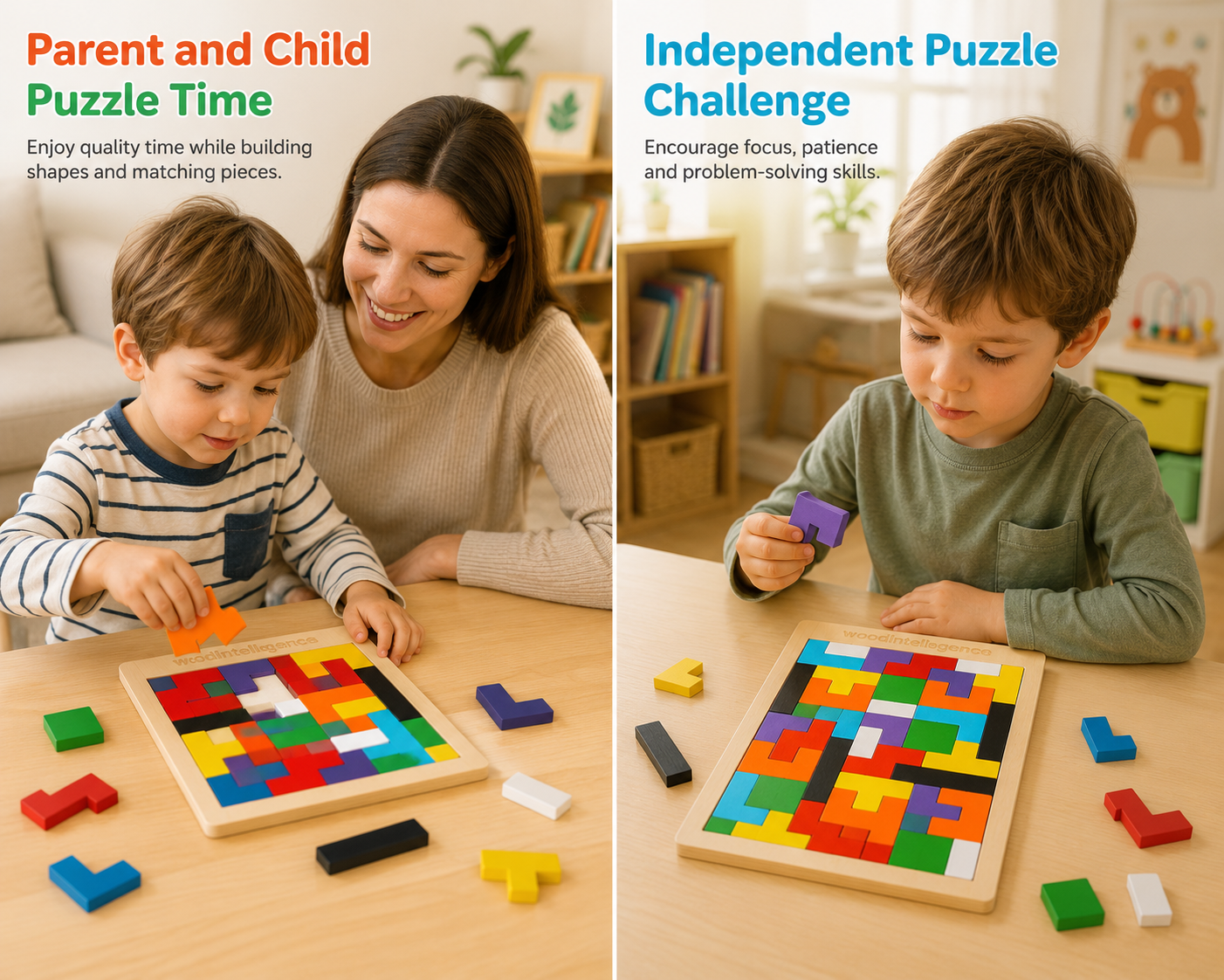 SUNEE Wooden Jigsaw and Manipulative Puzzle Board – Geometric Shape Matching Puzzle